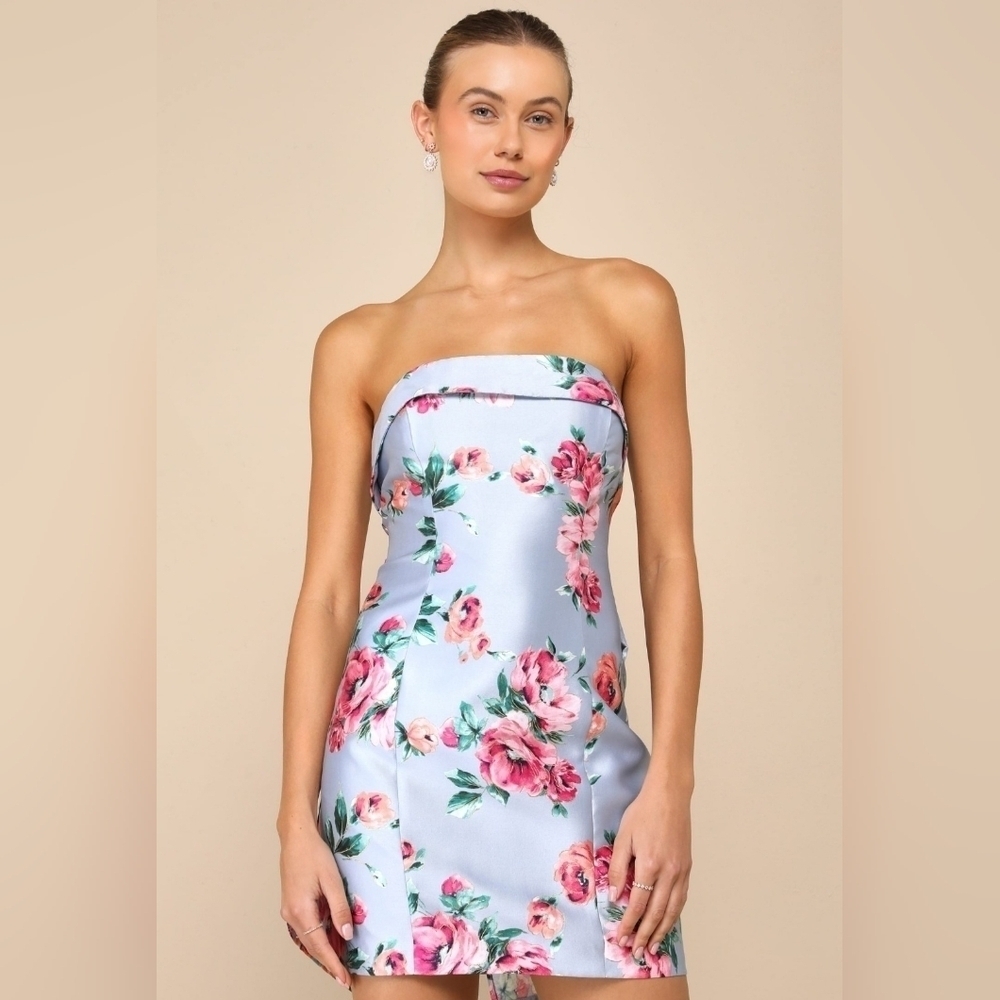 NWT Luxe Wonder Light Blue Floral Taffeta Strapless Bow Mini Dress